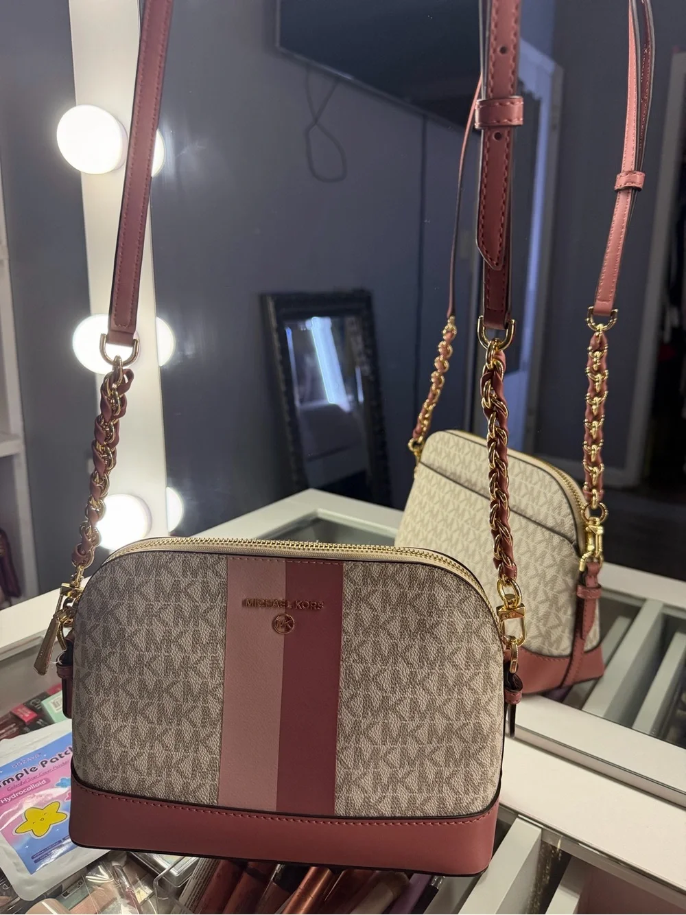 Michael Kors Beige MK Signature Dome Crossbody with Pink Stripes